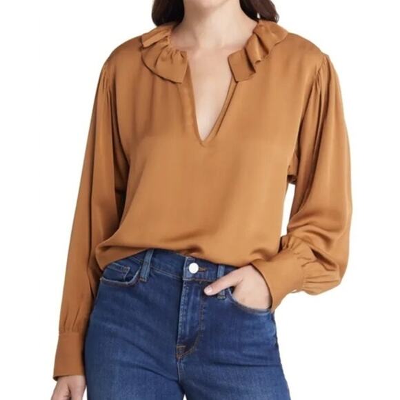 FRAME ruffle-collar SILK‎ blouse camel loose fit Size XS NWOT - Picture 2 of 7